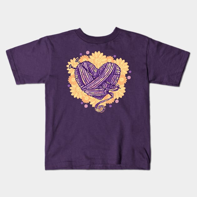 Knitting yarn heart and daisy buttons Kids T-Shirt by Norse Dog Studio